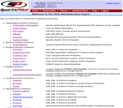 Sportspilto.com/ISIS Administration - Main Menu