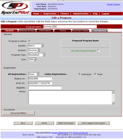 SportsStandings.com Administration - Choose Active Season: Step 1